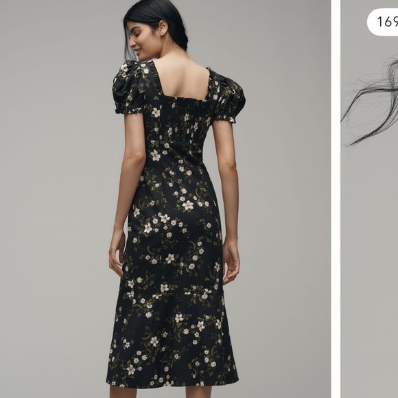 MAEVE LINEN BLEND PUFF-SLEEVE SWEETHEART MIDI DRESS NWT - Picture 11 of 12